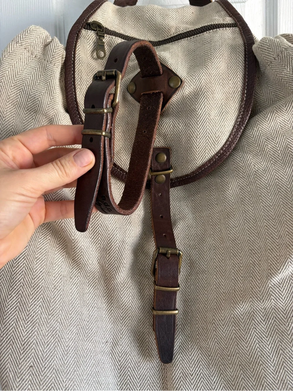 N.D.C Made By Hand Luxury Herringbone Canvas Leather Backpack Rucksack